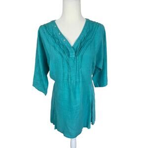 Isabella Bird Linen Tunic Top 3/4 Sleeve Turquoise Size XS Lagenlook Boho